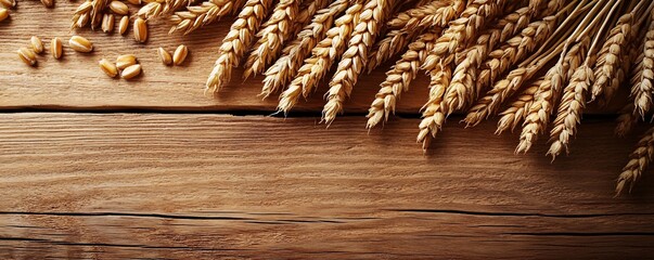 Wall Mural - Golden wheat ears and grains lying on rustic wooden background