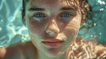 Close-up of a young woman in a swimsuit with copyspace.