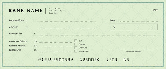 Wall Mural - empty money cheque. bank check. check book template with pattern and blank fields. currency payment 