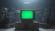 © Duaa - artistic 3d rendered composition stack old classic television with green screen monitors random positions in empty room dynamic composition cinematic lighting video element chroma key video element