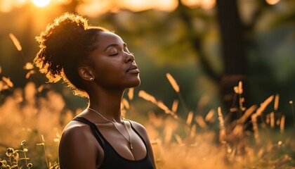 Wall Mural - Serene Meditation of Joyful Young Black Woman in Nature at Sunset, Embracing Deep Breathing for Wellness and Mental Clarity in Golden Hour