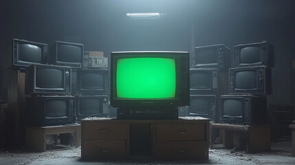 artistic 3d rendered composition stack old classic television with green screen monitors random posi