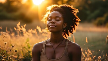 Wall Mural - Serene Meditation of Joyful Young Black Woman in Nature at Sunset, Embracing Deep Breathing for Wellness and Mental Clarity in Golden Hour