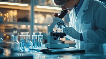 A scientist in a lab coat analyzing samples under a microscope in a modern laboratory, copy space