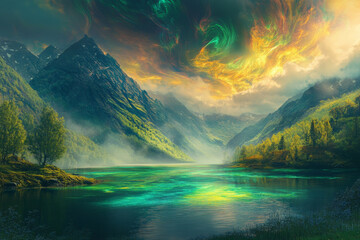 A mystical mountain lake where the water glows in shades of blue and green. The surrounding mountains are covered in lush, green trees that glow with a soft, golden light, and the sky above is filled