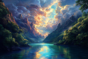 A mystical mountain lake where the water glows in shades of blue and green. The surrounding mountains are covered in lush, green trees that glow with a soft, golden light, and the sky above is filled