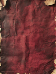 A dark burgundy vintage paper, heavily worn with deep wrinkles and creases. The surface is covered in faded, ancient symbols barely visible, and the edges are irregularly torn, giving it a mystical