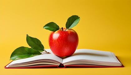 Wall Mural - Bright Red Apple with Green Leaf on Open Notebook Surrounded by Colors of Education and Wellness