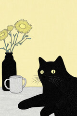 minimal illustration of a black cat  and flower arrangement in the ceramic bottle neck white vase on the plain yellow background