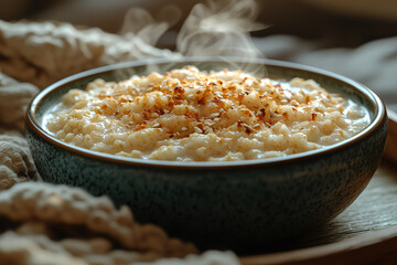 Poster - A steaming bowl of oatmeal on a tray, brought to someone feeling too ill to get out of bed. Concept of comfort food during recovery from illness.