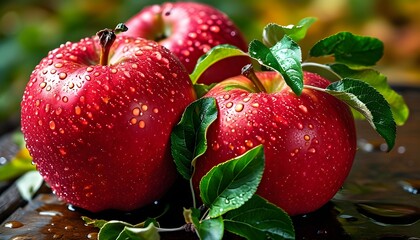 Wall Mural - Vibrant Juicy Red Apples Glistening with Water Droplets Amidst Lush Green Leaves, Celebrating Autumns Bounty and Organic Nourishment