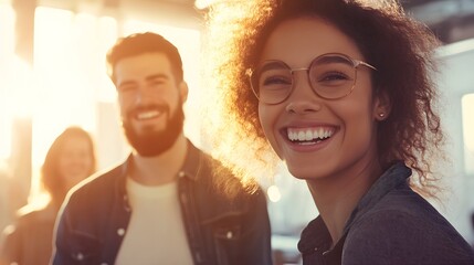 Wall Mural - A Smiling Woman with Curly Hair and Glasses in a Group of People