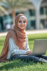 A cheerful young Arabian female college student e-learning on her laptop at campus, sitting on the grass and looking at the camera with a joyful expression.