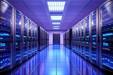 Futuristic Server Room with Glowing Blue Racks in Data Center