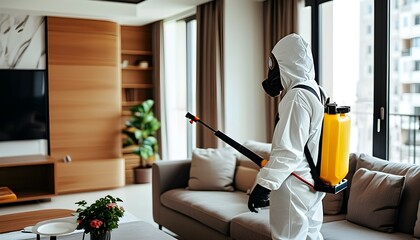 Indoor Pest Control Solutions: Professional Contractor Applying Pesticide in Contemporary Apartment with Focus on Hygiene and Safety Equipment