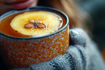 Sticker - A cup of hot ginger tea being sipped by someone trying to ease nausea from an autumn bug. Concept of natural remedies for stomach illness.