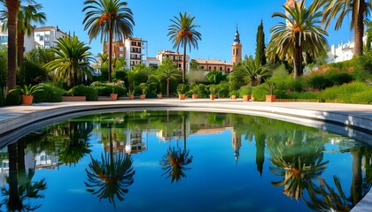 Wall Mural - Serene Landscape of Turia Gardens in Valencia Featuring Reflection Pool, Palm Trees, Modern Architecture, and Vibrant Blue Sky on a Bright Sunny Day