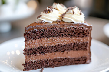 A detailed shot of a decadent slice of chocolate cake with rich ganache frosting. The cake is moist and dense, with layers of dark chocolate and a hint of espresso, topped with a delicate swirl of