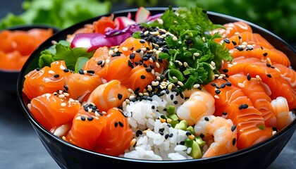 Wall Mural - Colorful Poke Bowl Brimming with Fresh Salmon, Shrimp, Seasonal Vegetables, and Black Sesame on Rice for a Nutritious Seafood Lunch