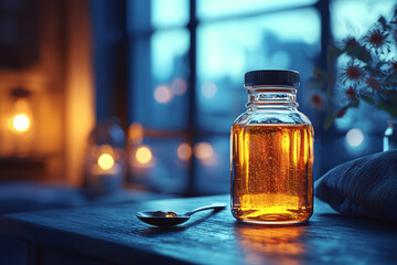 Sticker - A bottle of cough syrup and a spoon on a nightstand, ready to help soothe an irritating cough. Concept of treating persistent symptoms.