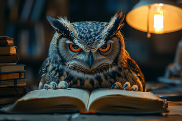 Sticker - An owl studying at a desk, surrounded by books and a lamp, representing academic pursuits. Concept of education.