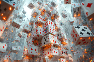 Wall Mural - a skyscraper made of playing cards, with the top floors starting to collapse, symbolizing the fragil