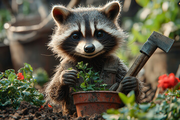 Poster - A raccoon gardening in a backyard, planting flowers and using gardening tools, showing a hobbyist activity. Concept of gardening.