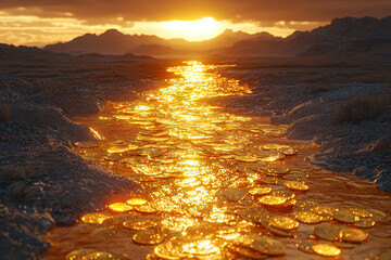 Poster - A river of gold coins flowing from a broken dam, but the land it floods turns barren, symbolizing the destructive power of unchecked wealth.