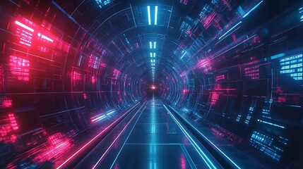 A cyber tunnel with straight, cutting-edge lines that converge to a distant point. The abstract design reflects a futuristic digital landscape