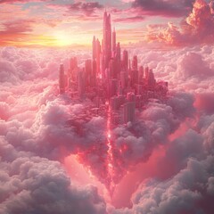 Ethereal cityscape floating among vibrant clouds.