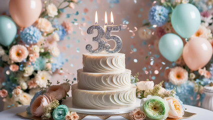 Wall Mural - Delicious festive sweet cake with candle number 35, elegant flowers card holiday