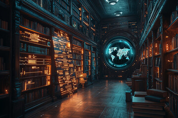 Wall Mural - A library with books that emit glowing graphs and charts when opened, showcasing the knowledge and data essential for business success. Concept of information.