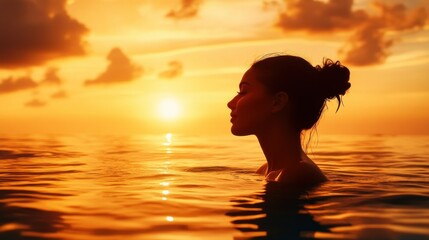 Silhouette of a woman in the ocean at sunset