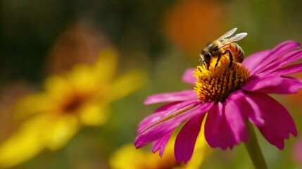 Wall Mural - A Busy Bee on a Pink Flower