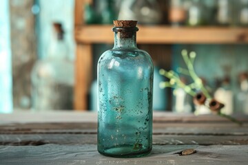 Old blue glass bottle with cork stopper standing on a weathered wooden table with antique style interior in background