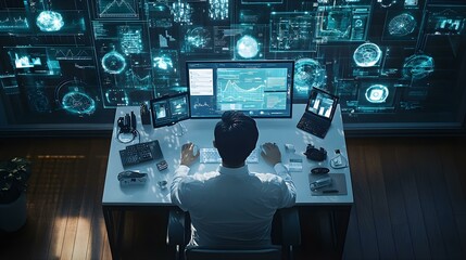 Businessman working on computer with data and graphs on screen.