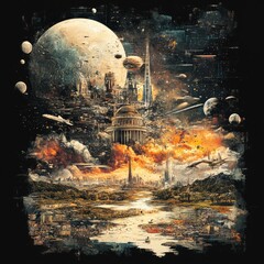 Wall Mural - Futuristic cityscape with cosmic elements and destruction.