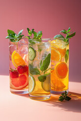 Three glasses of colorful drinks on a white table. The style is fresh and natural, with sunlight casting shadows. 