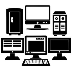 various black silhouette computers are creatively arranged highlighting different designs and styles