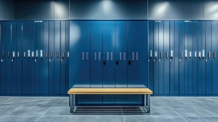 Blue Metal Lockers with Bench. AI generated illustration