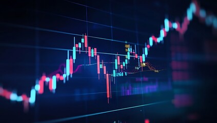 stock market graph on the screen, displaying rising candlestick charts and trading lines