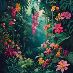 Canvas Print - Lush tropical jungle filled with vibrant flowers and greenery.