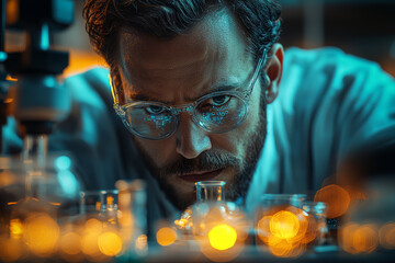 Poster - An Enlightenment-era scientist using advanced lab equipment to conduct experiments, surrounded by high-tech gadgets. Concept of historical scientific inquiry and modern technology.