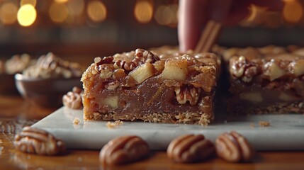 Canvas Print -   A close-up of nut-laden food on a plate, with a hand reaching in for a bite