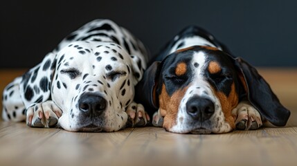 Sticker -   A black-and-brown dog lays atop a wooden floor beside a black-and-white Dalmatian