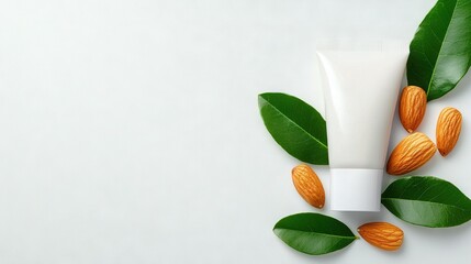 Wall Mural -   A tube of lotion placed upon green leaves and a white surface beside it