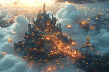 Wall Mural - A surreal carnival of floating islands and whimsical rides suspended in the clouds above a busy metropolitan area. Concept of fantastical amusement blending with urban life.