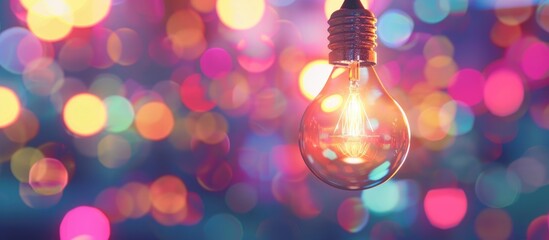 Wall Mural - light bulb hanging from the top with inscription idea on a colorful background bokeh lights led info