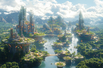 Wall Mural - A seamless portal connecting a bustling city with a peaceful, otherworldly realm of floating islands and ethereal creatures. Concept of blending urban life with fantastical worlds.