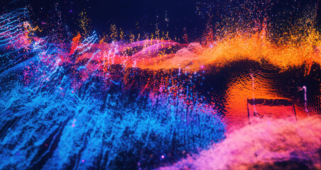 Wall Mural - Abstract moving futuristic landscape of particles and dots of energy magic with glow and blur effect, abstract background